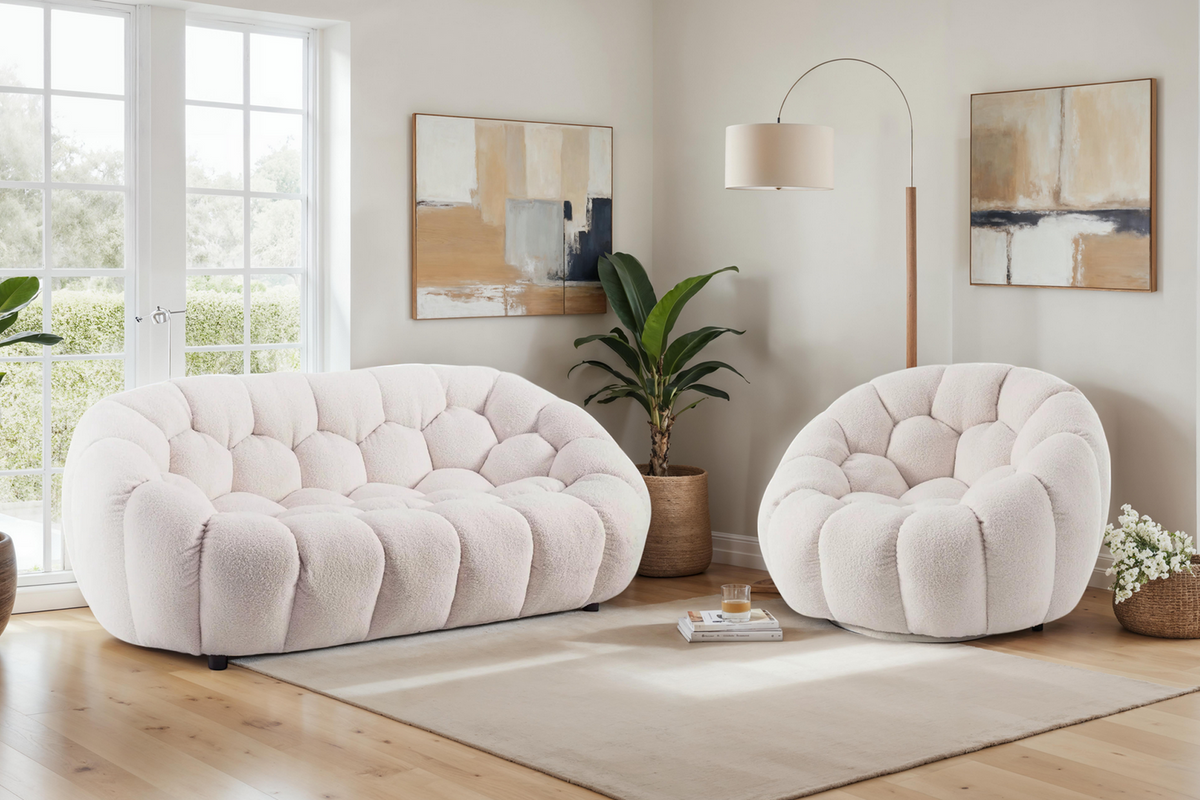 Teddy Boucle Fabric White Atrani 2 + 1 Seater Sofa Set