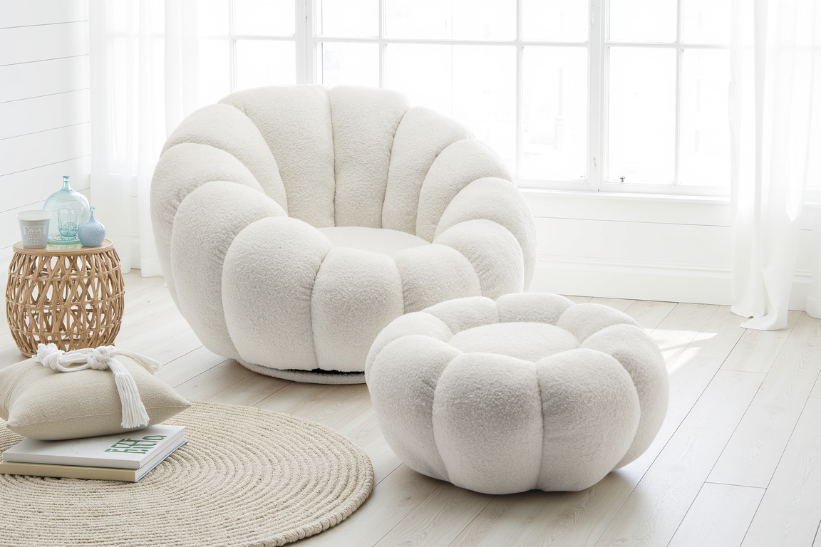 Teddy Boucle Fabric White 1 Seater Swivel Sofa with Footstool MIRIELLE