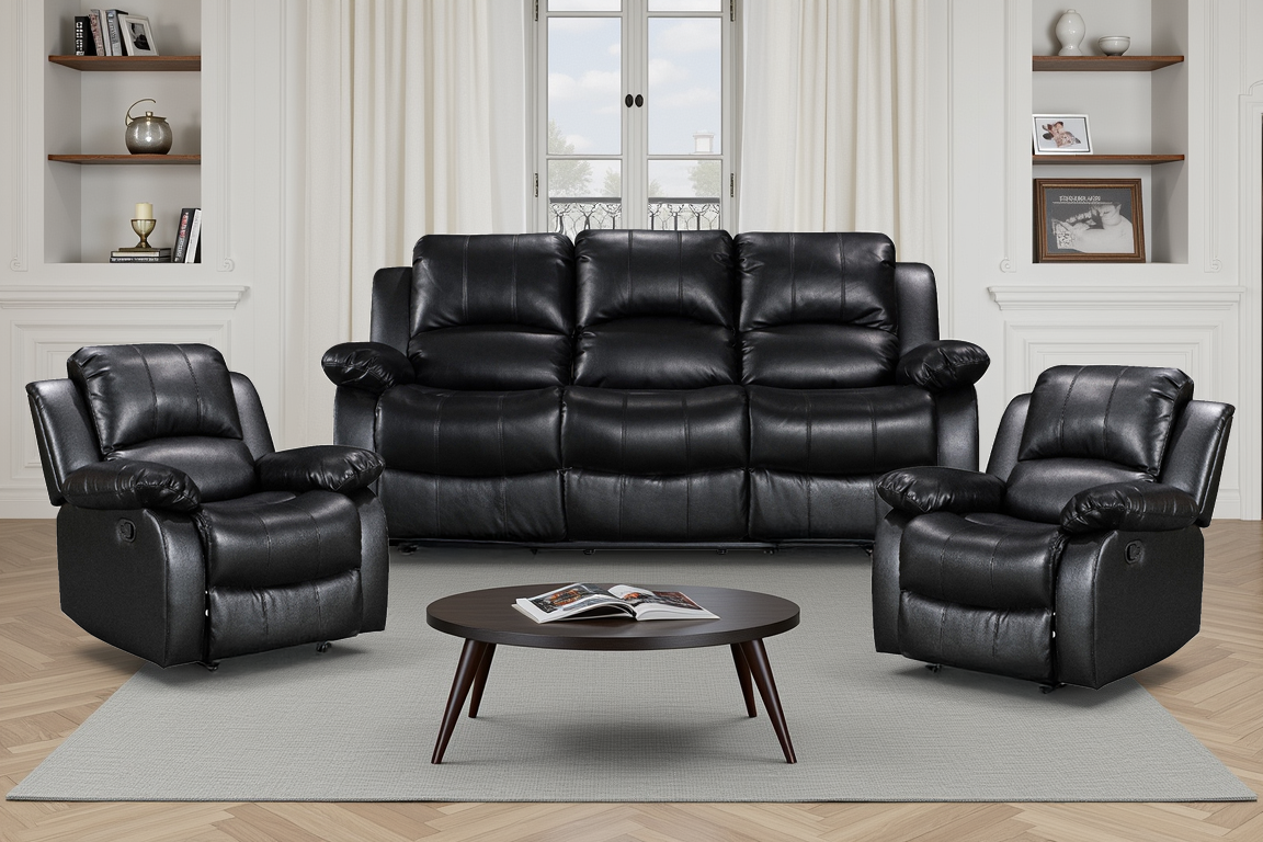 Faux Leather Black 3 + 1 + 1 Seater Manual Recliner Sofa Set VALENCIA