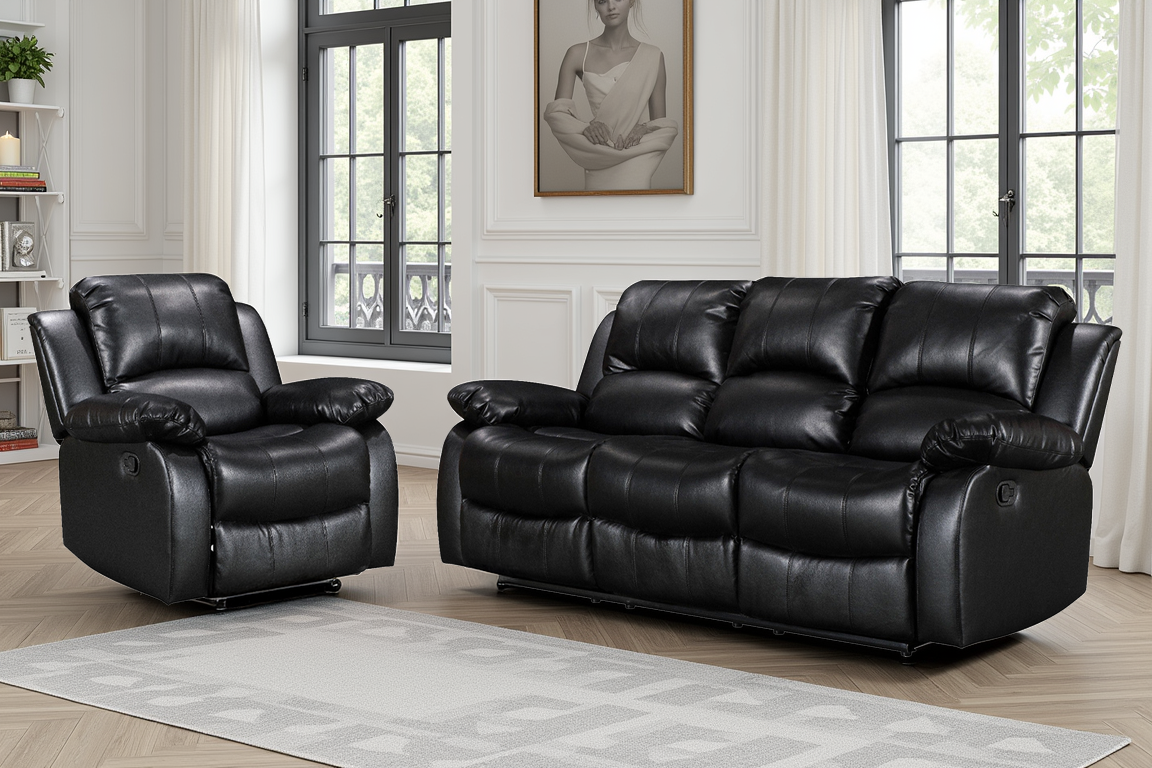 Faux Leather Black 3 + 1 Seater Manual Recliner Sofa Set VALENCIA