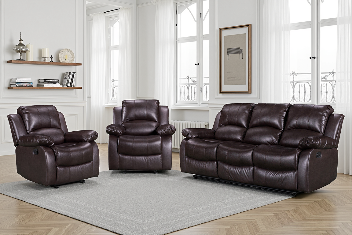 Faux Leather Brown 3 + 1 + 1 Seater Manual Recliner Sofa Set VALENCIA