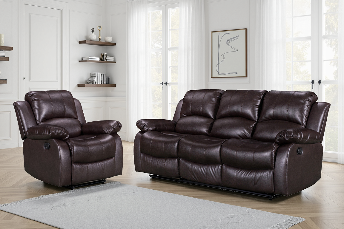 Faux Leather Brown 3 + 1 Seater Manual Recliner Sofa Set VALENCIA