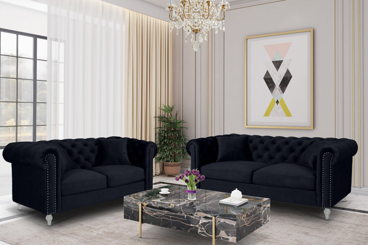 Velvet Black 3 + 2 Seater Chesterfield Sofa Set With Acrylic Feet CAMDEN