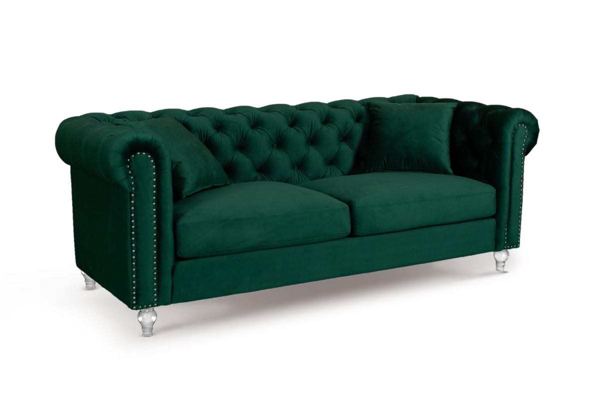 Velvet Bottle Green 3 + 2 Seater Chesterfield Sofa Set With Acrylic Feet CAMDEN