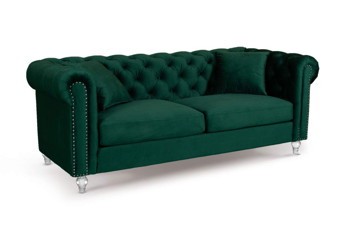 Velvet Bottle Green 3 Seater Chesterfield Sofa With Acrylic Feet CAMDEN