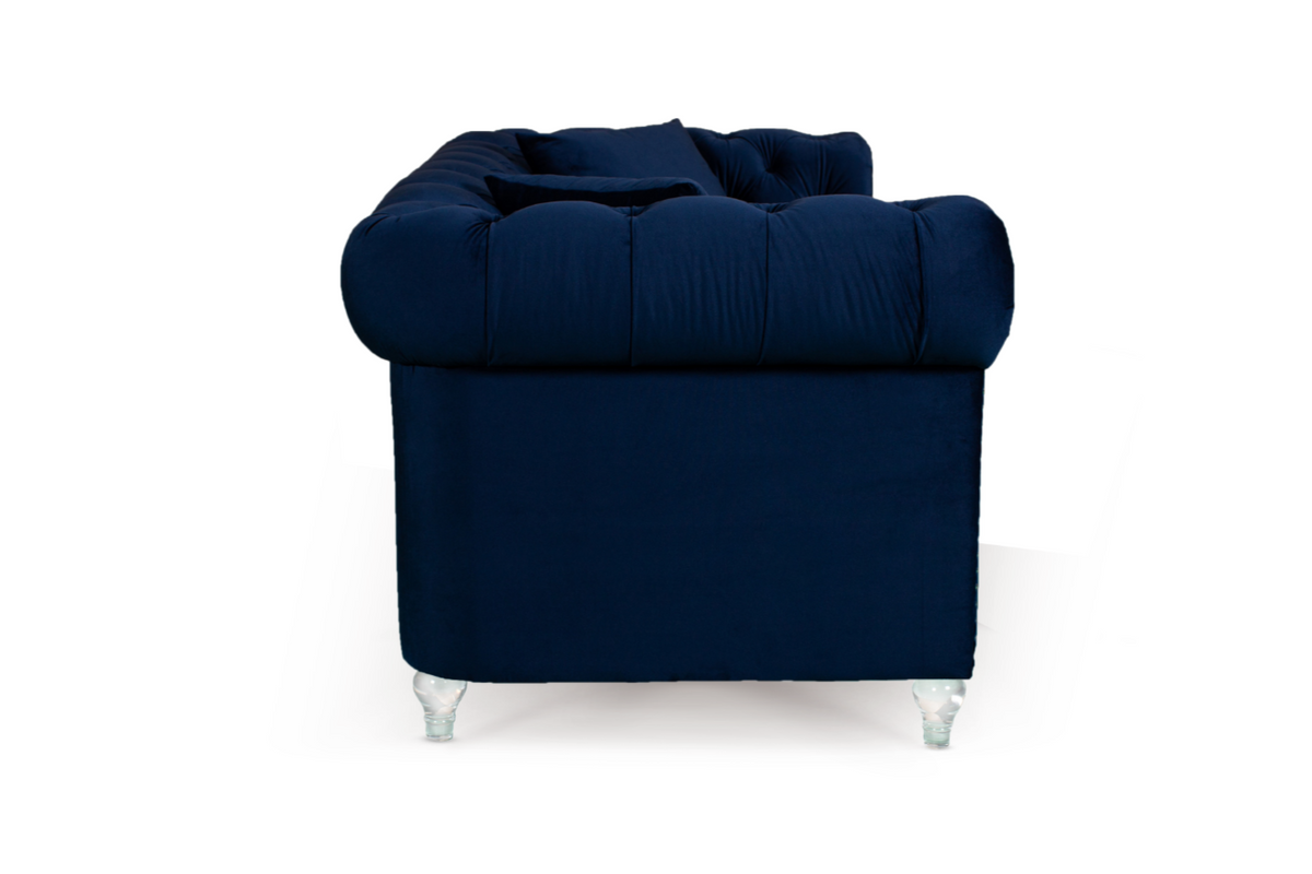 Velvet Navy Blue 2 Seater Chesterfield Sofa With Acrylic Feet CAMDEN