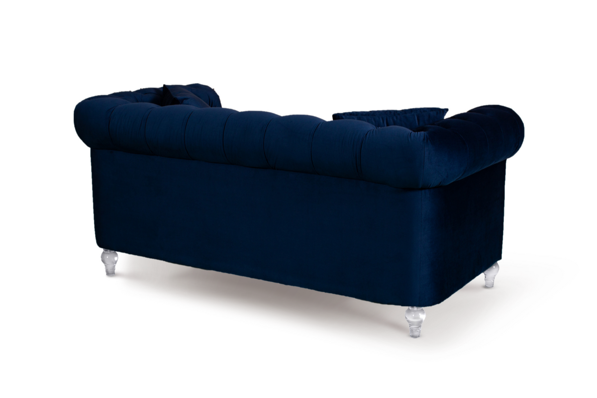 Velvet Navy Blue 2 Seater Chesterfield Sofa With Acrylic Feet CAMDEN