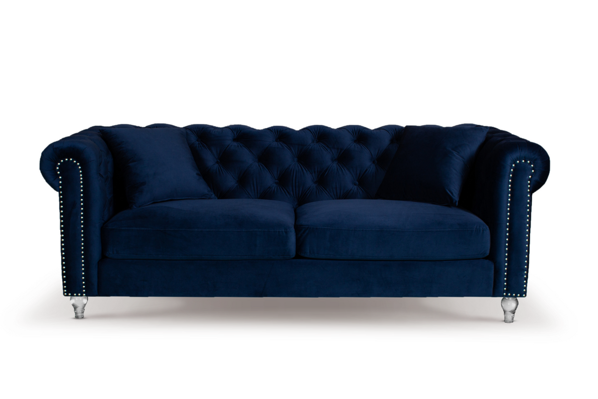 Velvet Navy Blue 3 Seater Chesterfield Sofa With Acrylic Feet CAMDEN