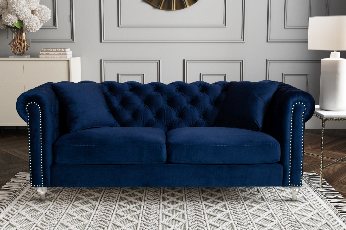 Velvet Navy Blue 3 Seater Chesterfield Sofa With Acrylic Feet CAMDEN