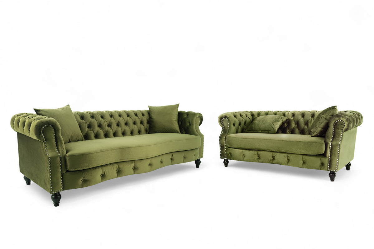 Velvet Sage Green 3 + 2 Seater Chesterfield Sofa Set RICHMOND