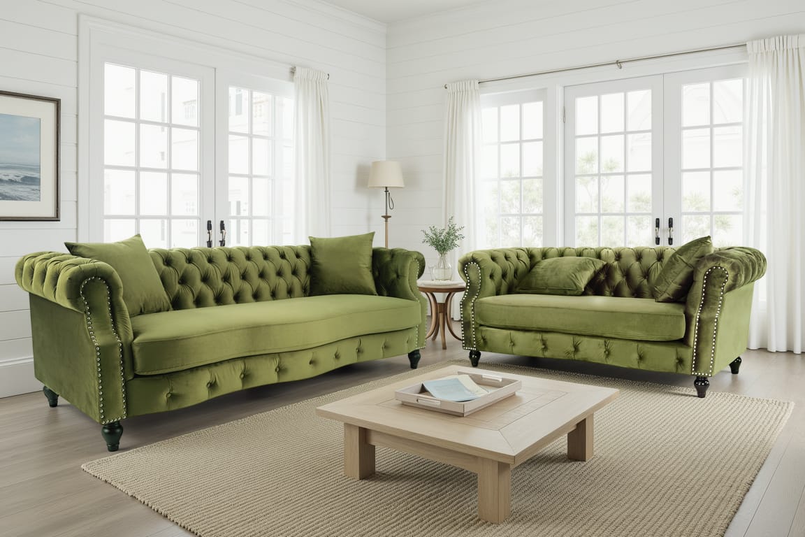 Velvet Sage Green 3 + 2 Seater Chesterfield Sofa Set RICHMOND