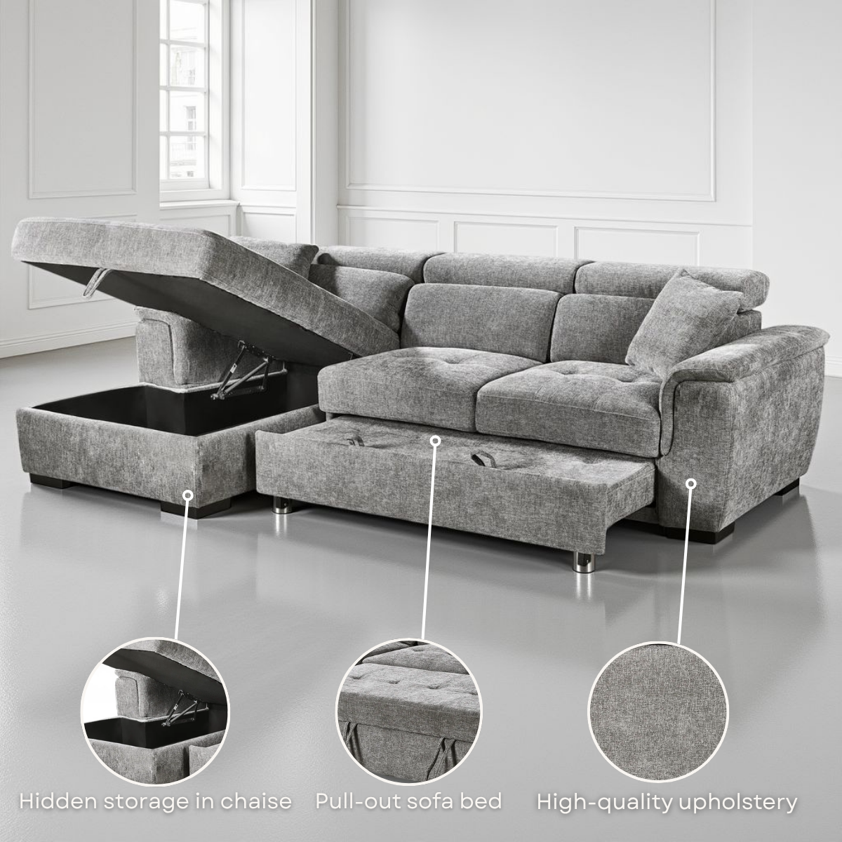 Grey Chenille Fabric 1C2 Corner Sofabed with Storage WILSON