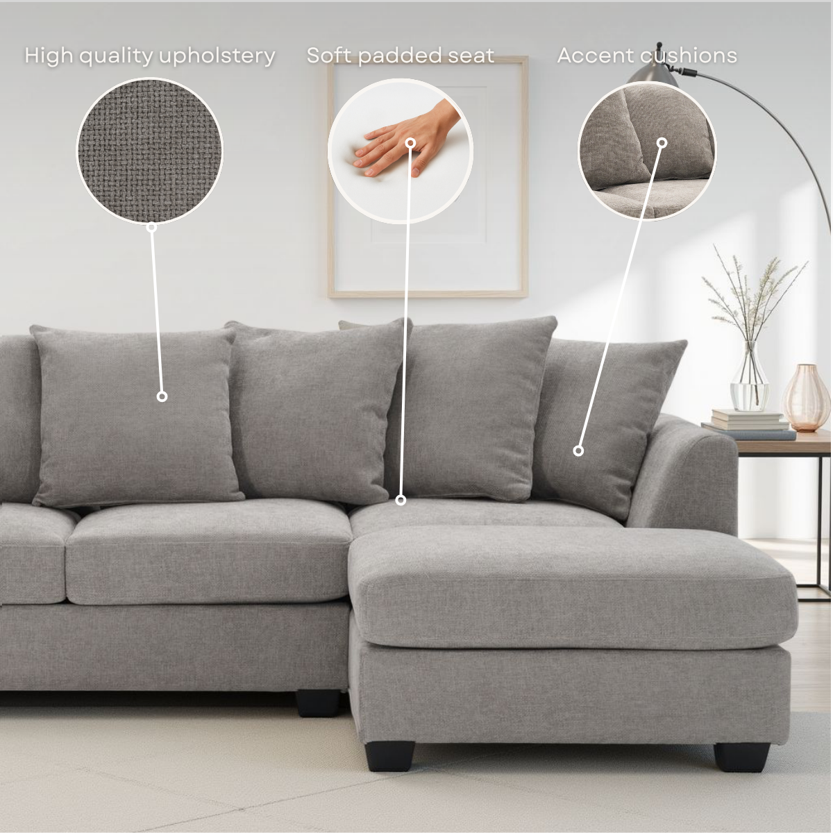 Beige Chenille 2C1 Corner Sofa with Chaise CHLOE