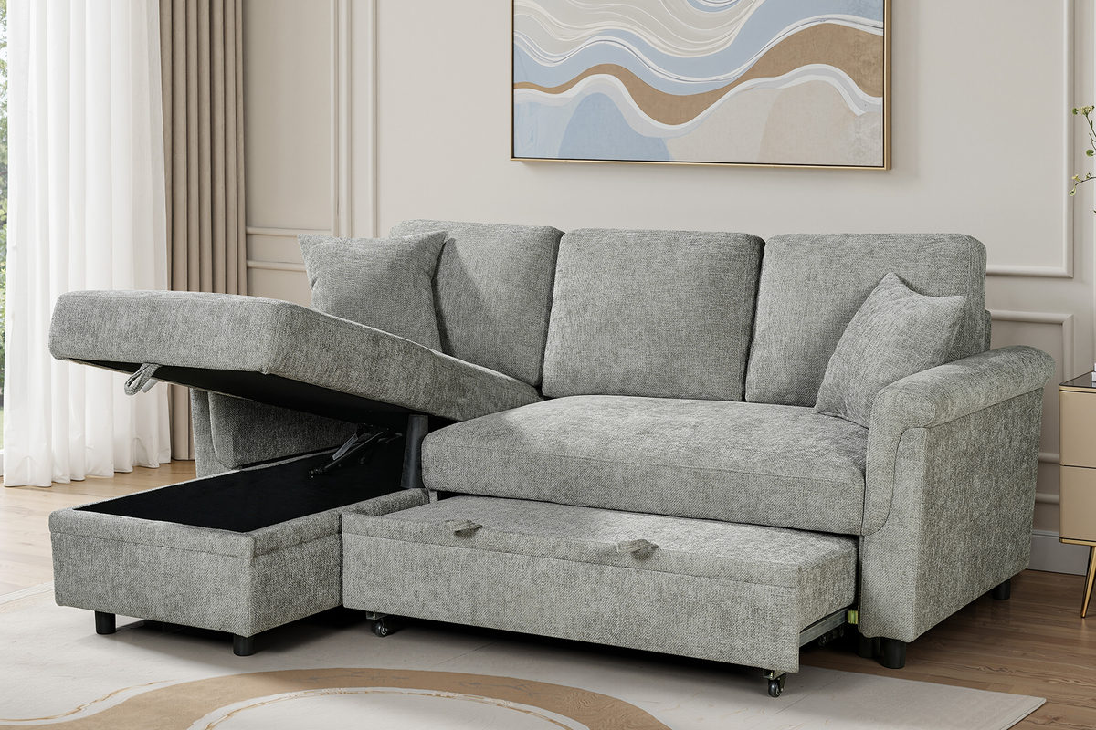 Woven Chenille Grey 1C2 Corner Sofabed with Chaise OSCAR