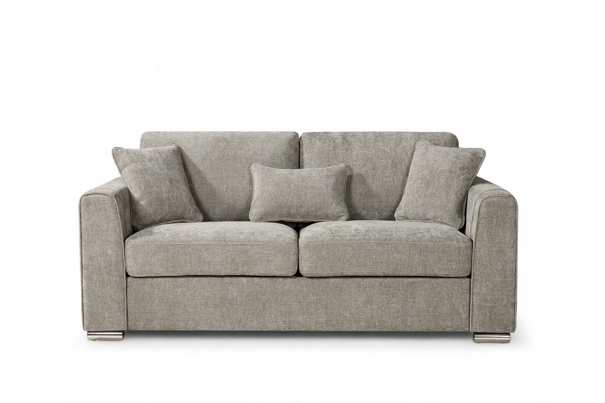 Grey chenille 2 seater sofa with matching cushions on a white background