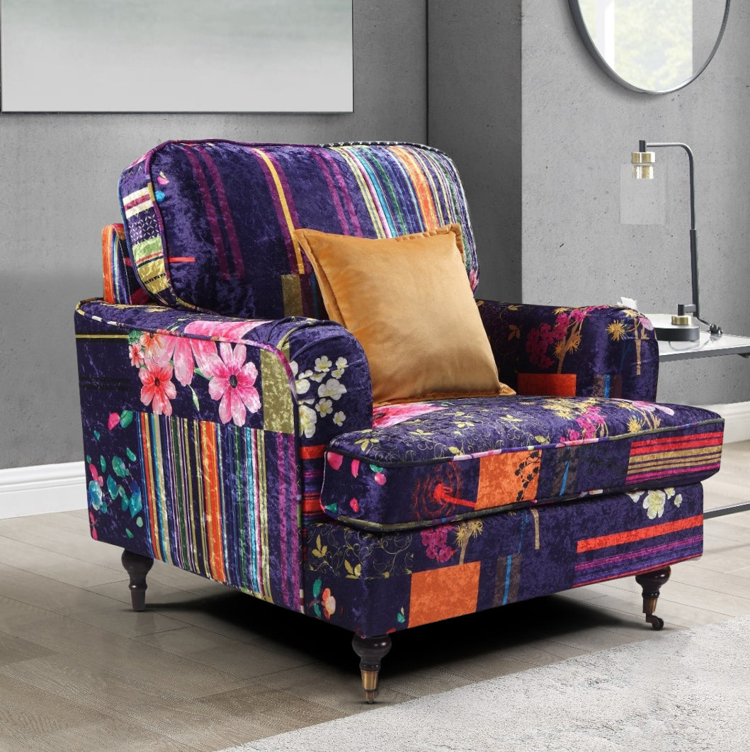 Purple Patchwork Fabric 1 Seater Bella Sofa ASTBURY