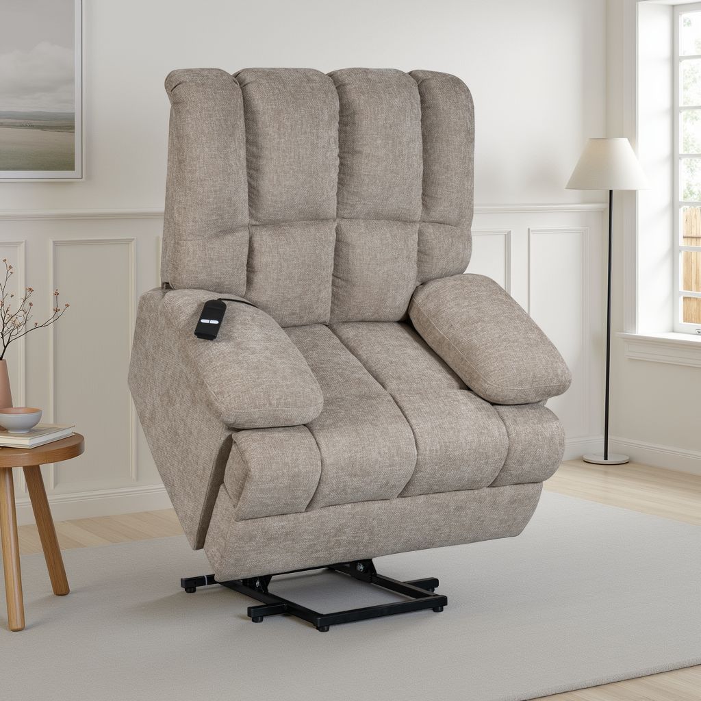 beige chenille electric lift riser recliner