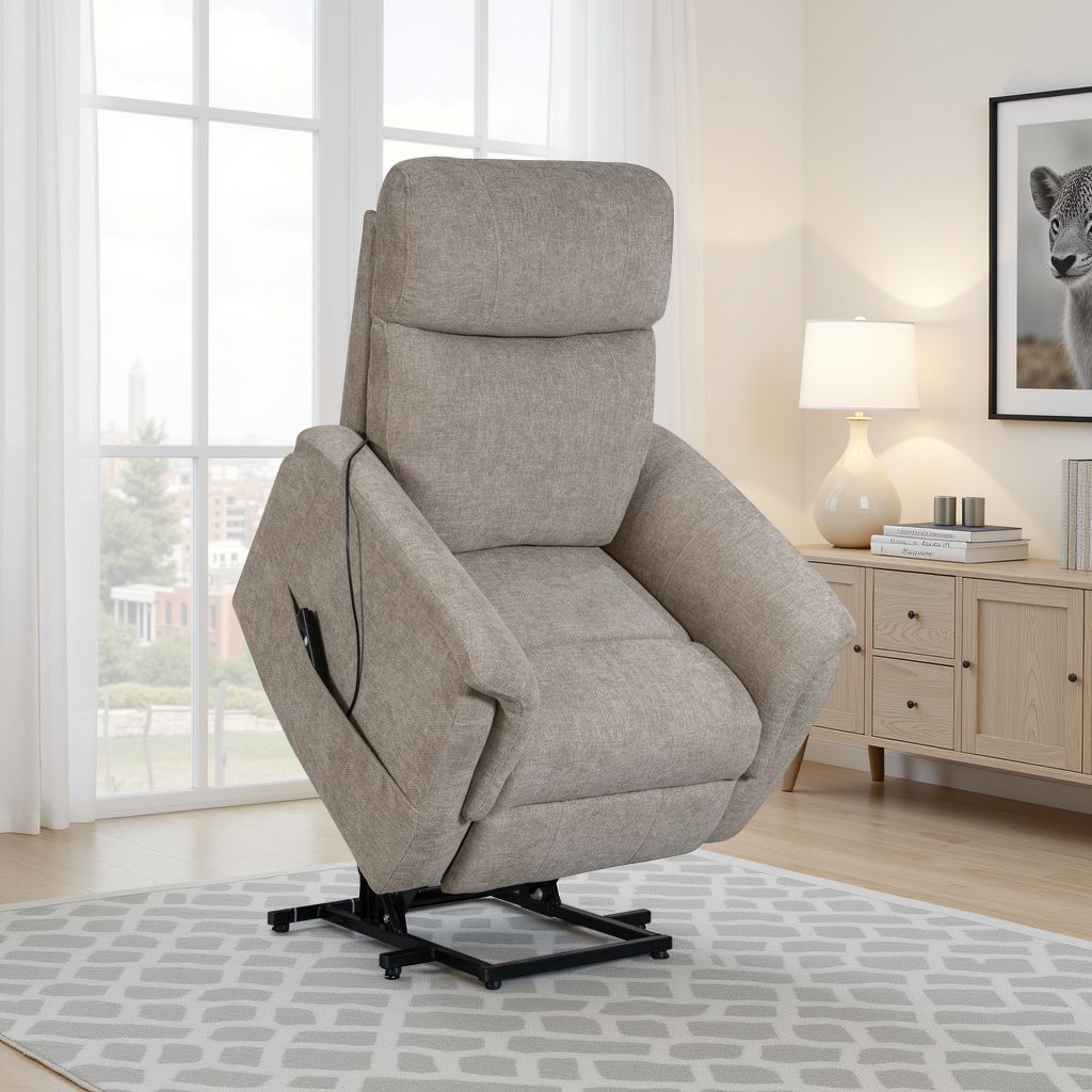 electric beige lift chair upholstered in chenille