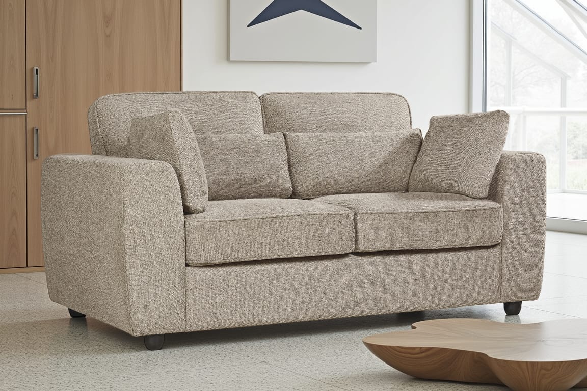 beige 2 seater sofa upholstered in soft beige chenille fabric with fixed back cushions and additional accent cushions in a living room setting
