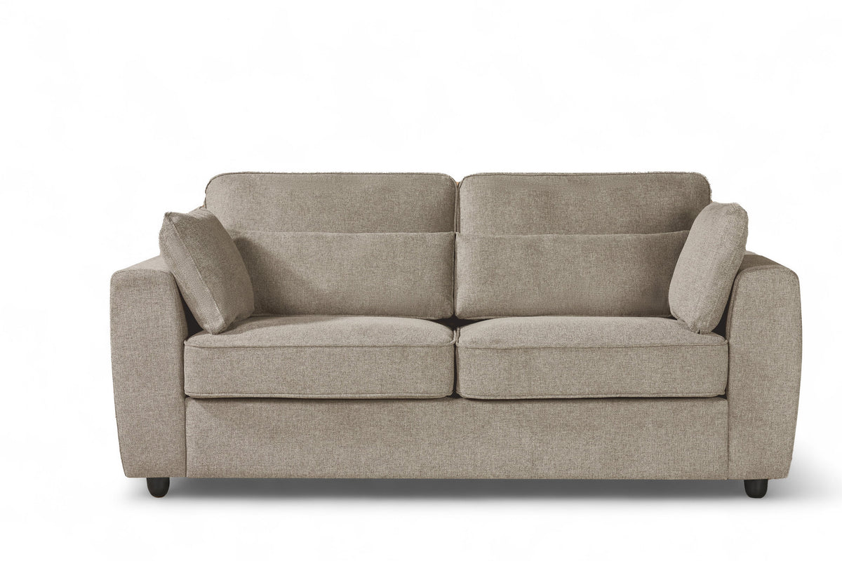 beige 2 seater sofa upholstered in soft beige chenille fabric with fixed back cushions and additional accent cushions