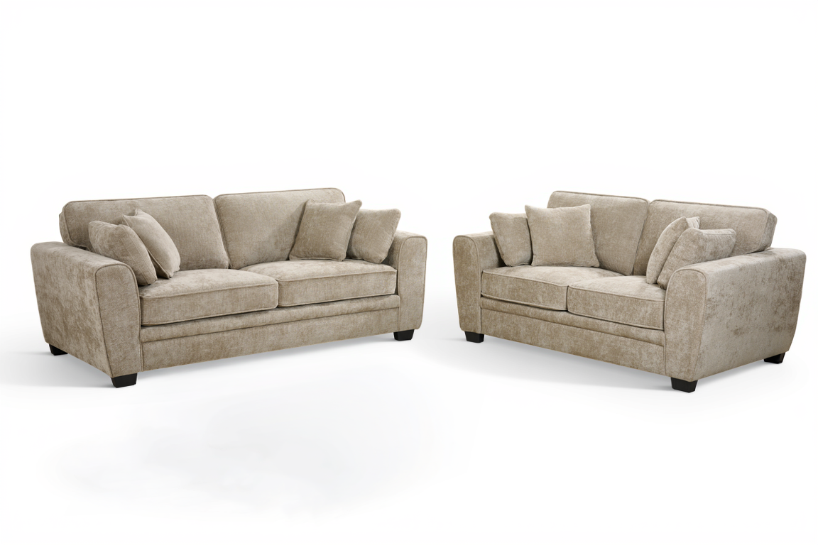 beige 3 seater + 2 seater sofa set upholstered in soft beige chenille with fixed back cushions and additional accent cushions