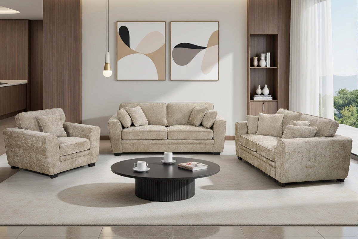 beige 3 seater + 2 seater + 1 seater sofa set upholstered in soft beige chenille with fixed back cushions and additional accent cushions in a living room setting