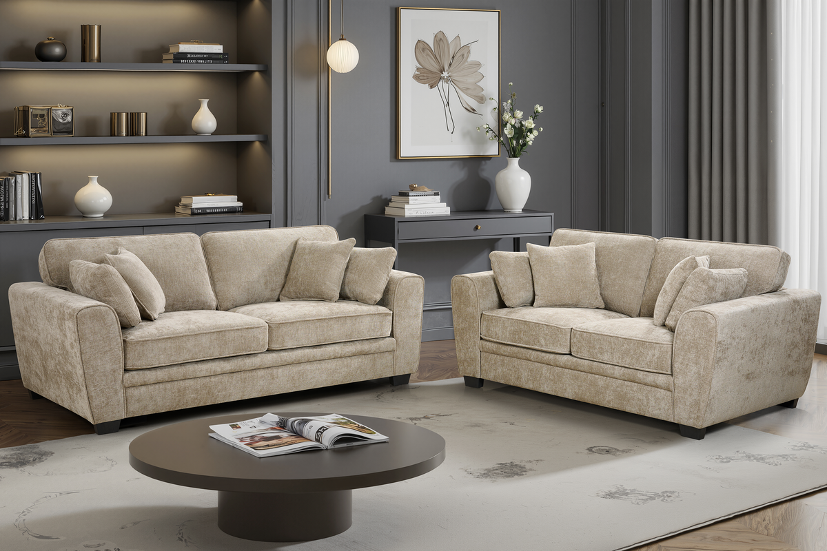 beige 3 seater + 2 seater sofa set upholstered in soft beige chenille with fixed back cushions and additional accent cushions in a living room setting
