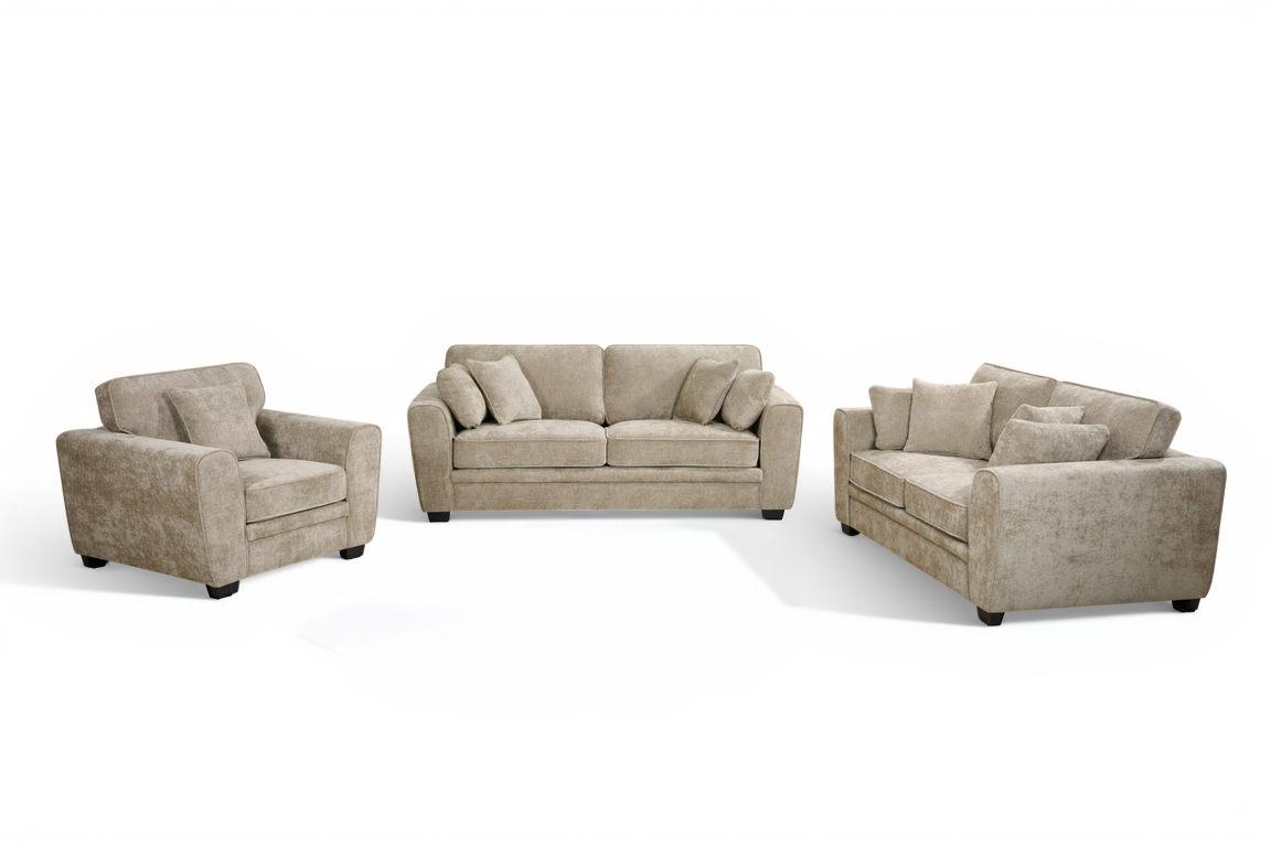 beige 3 seater + 2 seater sofa set upholstered in soft beige chenille with fixed back cushions and additional accent cushions