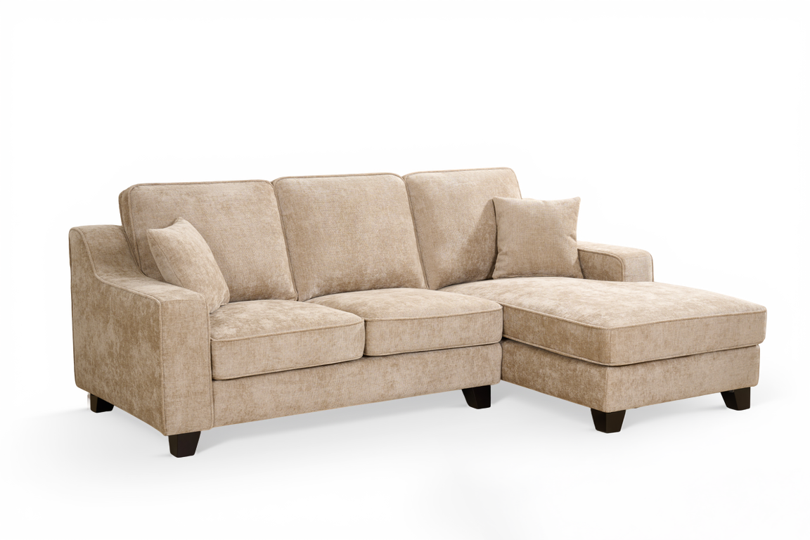 l-shaped corner sofa with right hand facing chaise section upholstered in beige chenille fabric in modern style