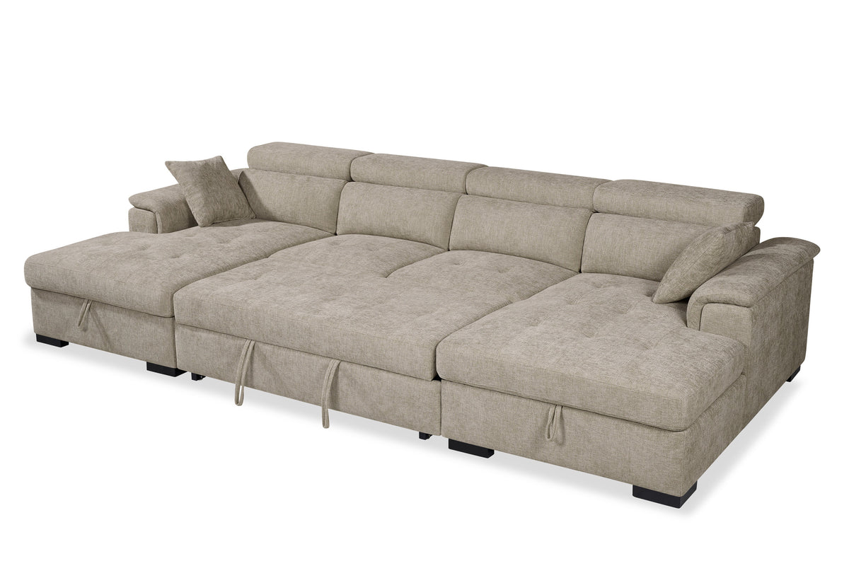 Danny beige chenille 4 seater U-shaped corner sofa bed with both chaise storage compartments open, adjustable headrests and black legs.