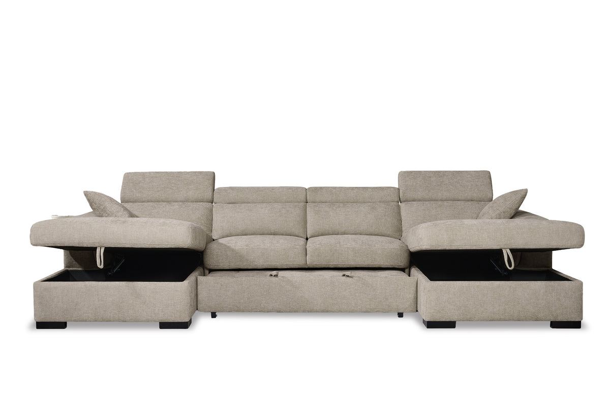 Danny beige chenille 4 seater U-shaped corner sofa bed with both chaise storage compartments open, adjustable headrests and black legs.