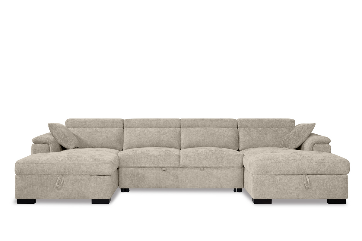 Danny beige chenille 4 seater U-shaped corner sofa bed with both chaise storage compartments open, adjustable headrests and black legs, front view.