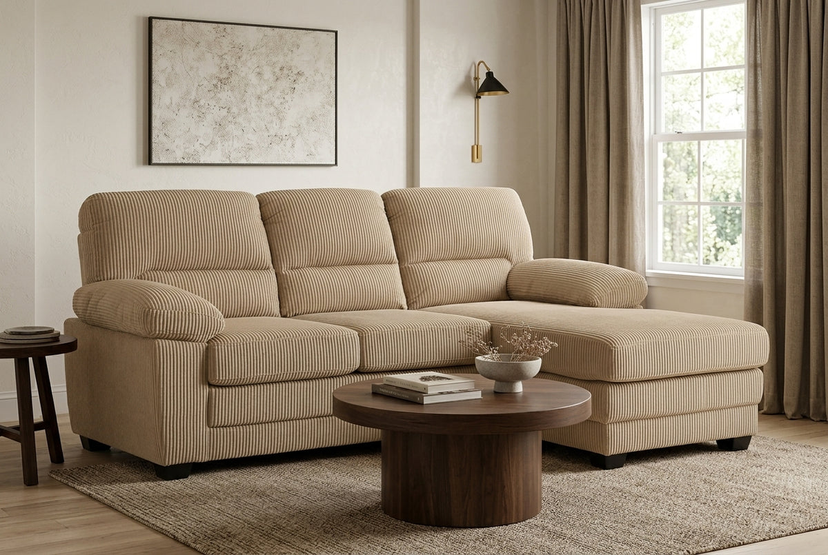 l-shaped sofa with right hand facing chaise section, upholstered in beige jumbo cord with wooden legs, in a living room setting.