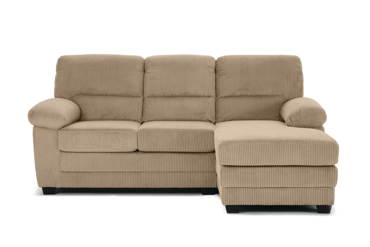 l-shaped sofa with right hand facing chaise section, upholstered in beige jumbo cord with wooden legs, front angle.