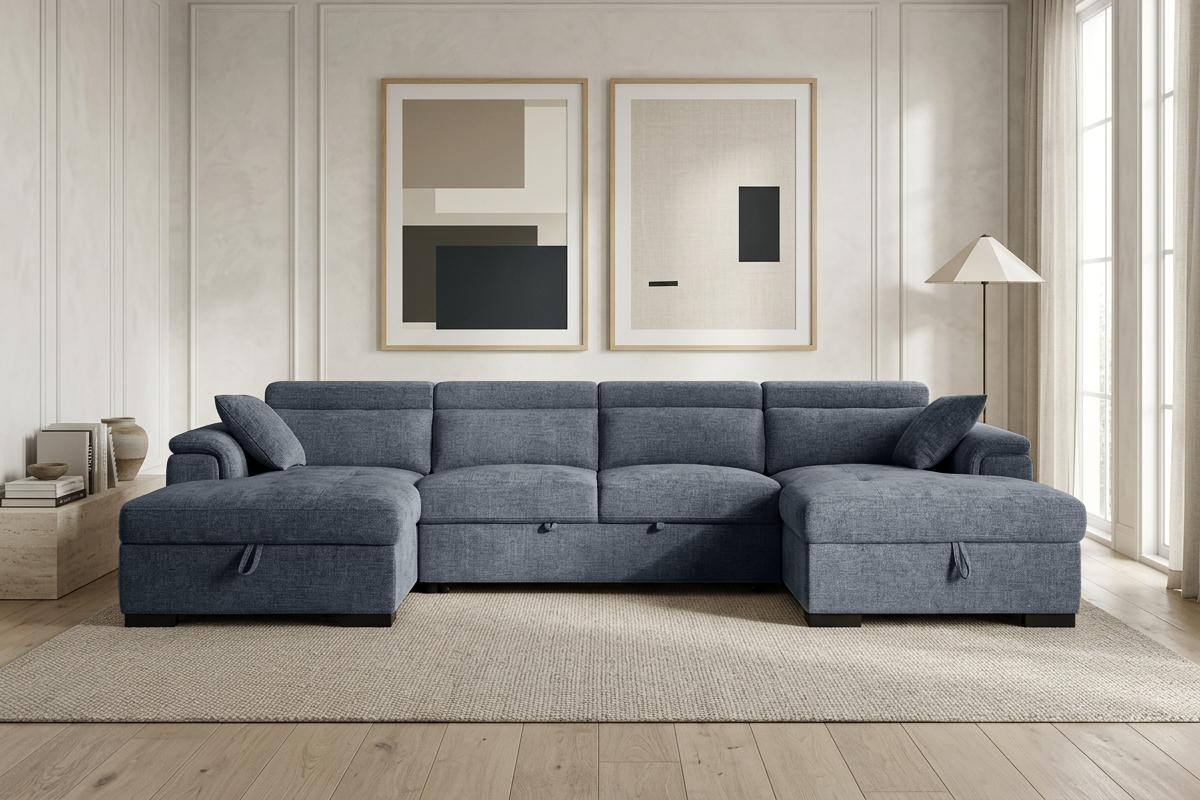 Blue Chenille 4 Seater U-Shaped Sofa Bed with Storage DANNY