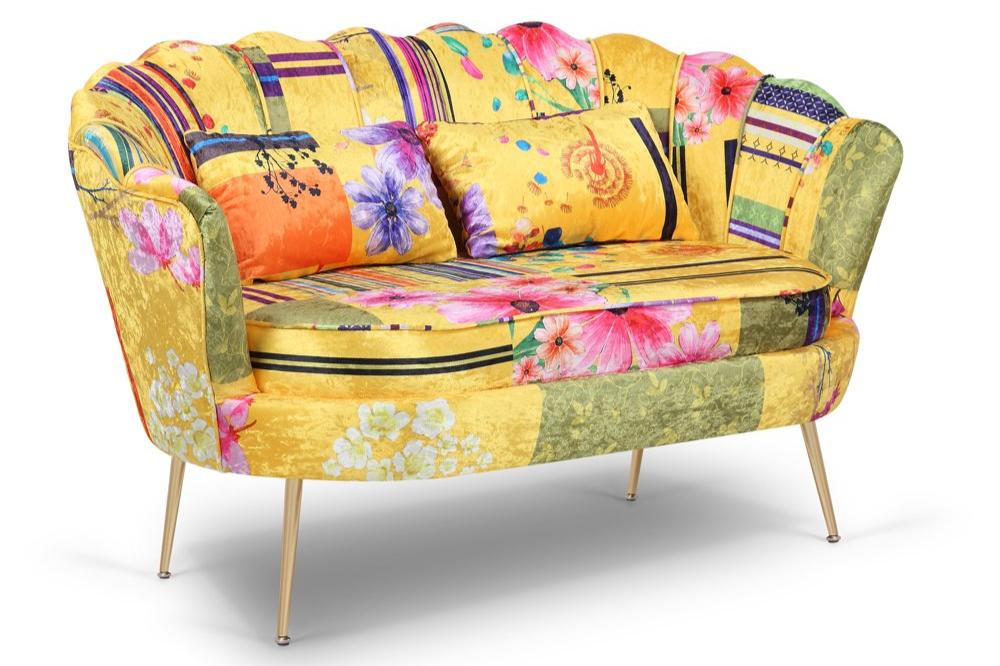 Gold Patchwork Fabric 2 + 1 Seat Accent Loveseat Sofa Set DAISY
