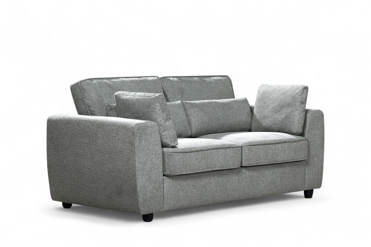 dark grey 2 seater sofa upholstered in soft dark grey chenille fabric with fixed back cushions and additional accent cushions