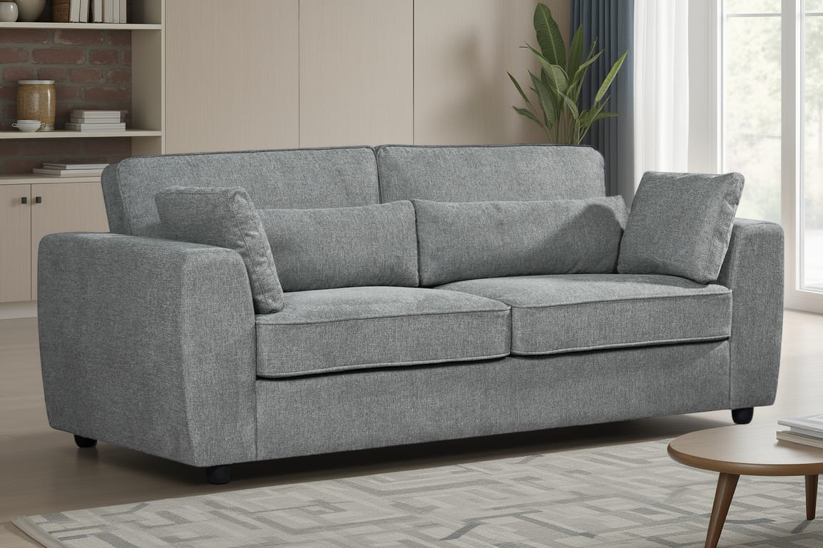 dark grey chenille 3 seater sofa with two bolster cushions and two accent cushions in a living room setting