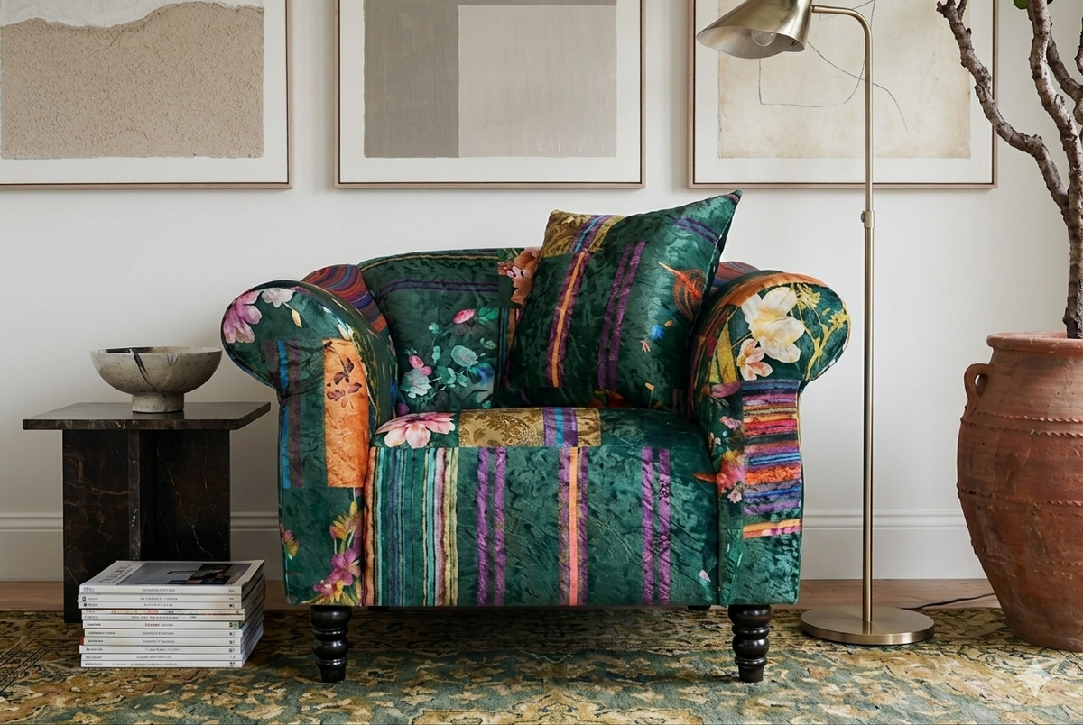 Fabric Green Patchwork 1 Seater Sofa AVICI SHOUT