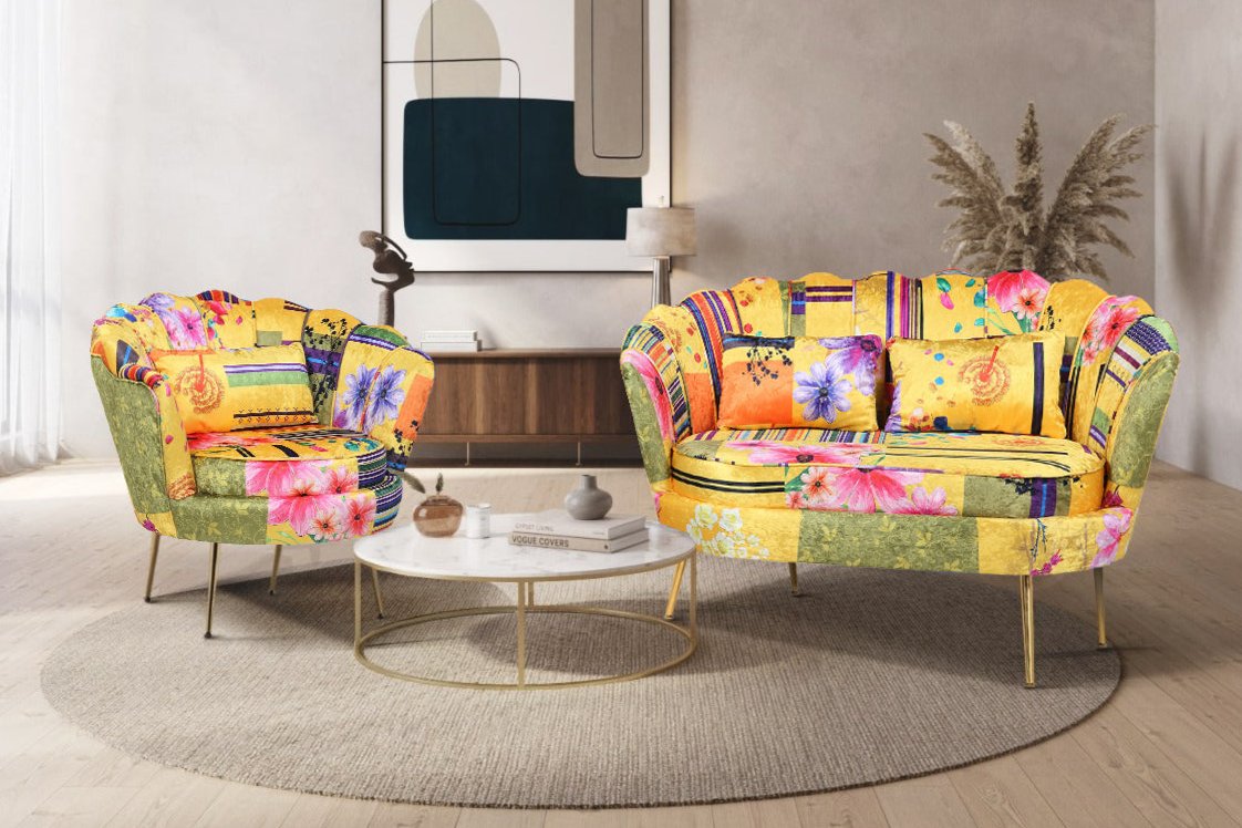 Gold Patchwork Fabric 2 + 1 Seat Accent Loveseat Sofa Set DAISY
