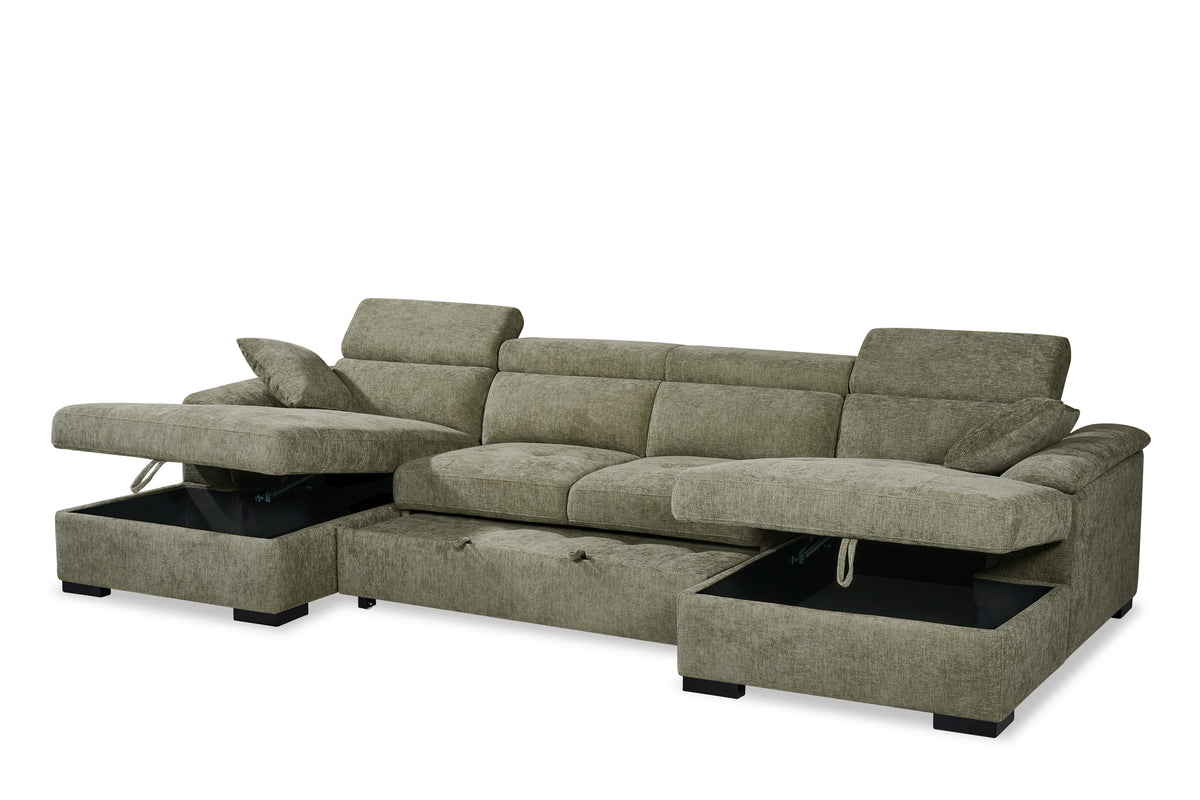 Green Chenille 4 Seater U-Shaped Sofa Bed with Storage DANNY