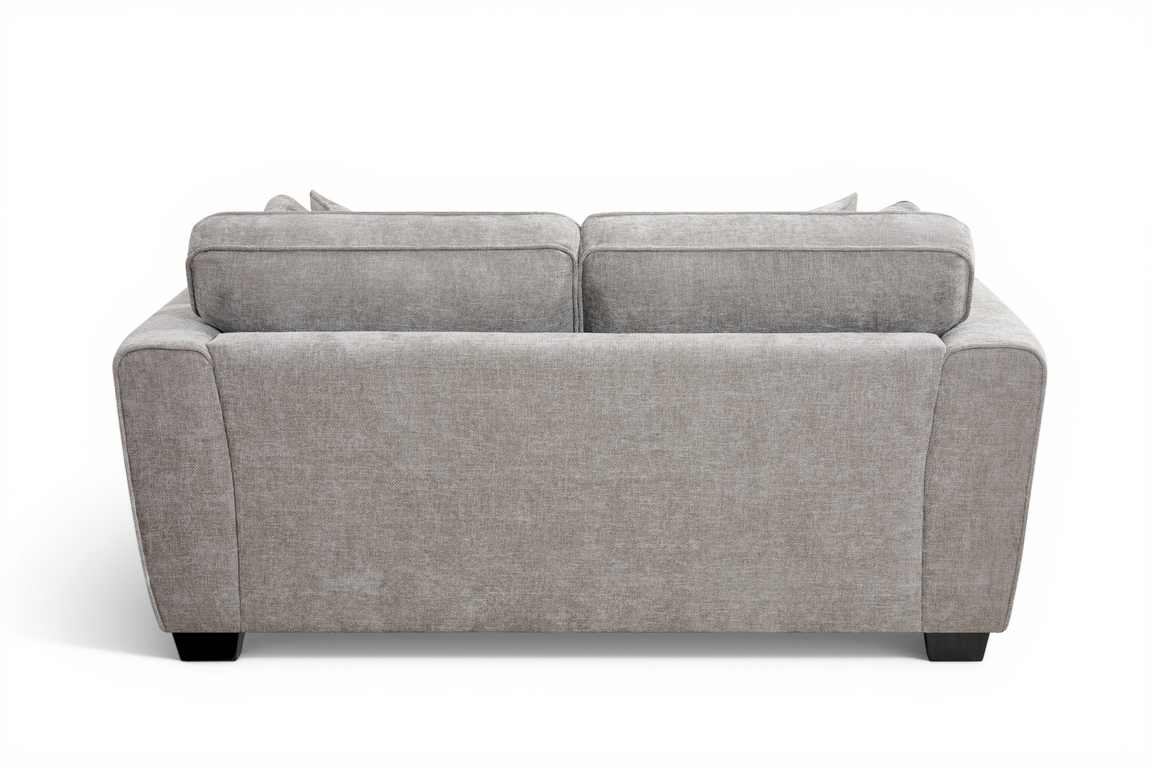 grey 2 seater sofa with extra comfortable soft filling and four accent cushions with fixed back upholstered in grey chenille
