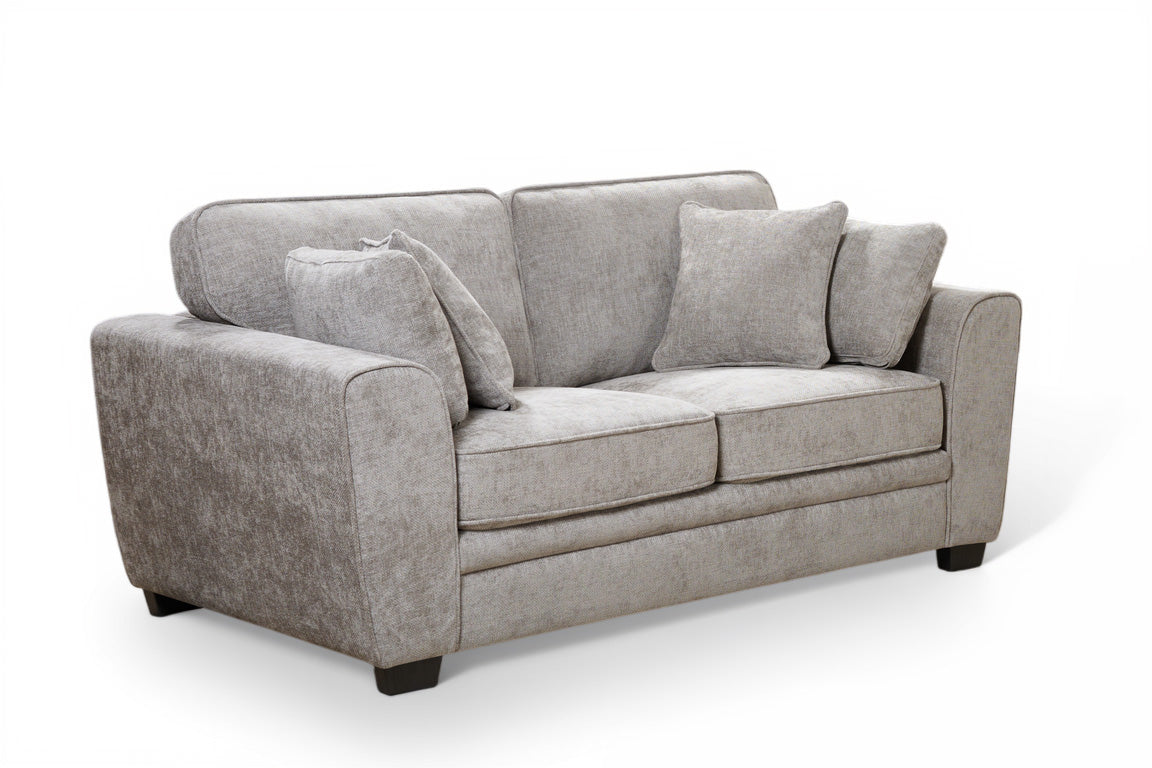 grey 2 seater sofa with extra comfortable soft filling and four accent cushions with fixed back upholstered in grey chenille