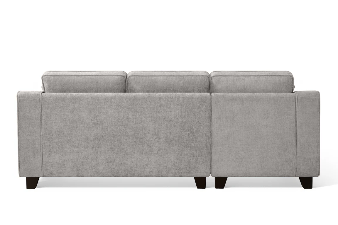 l-shaped corner sofa with left hand facing chaise section upholstered in grey chenille fabric in modern style