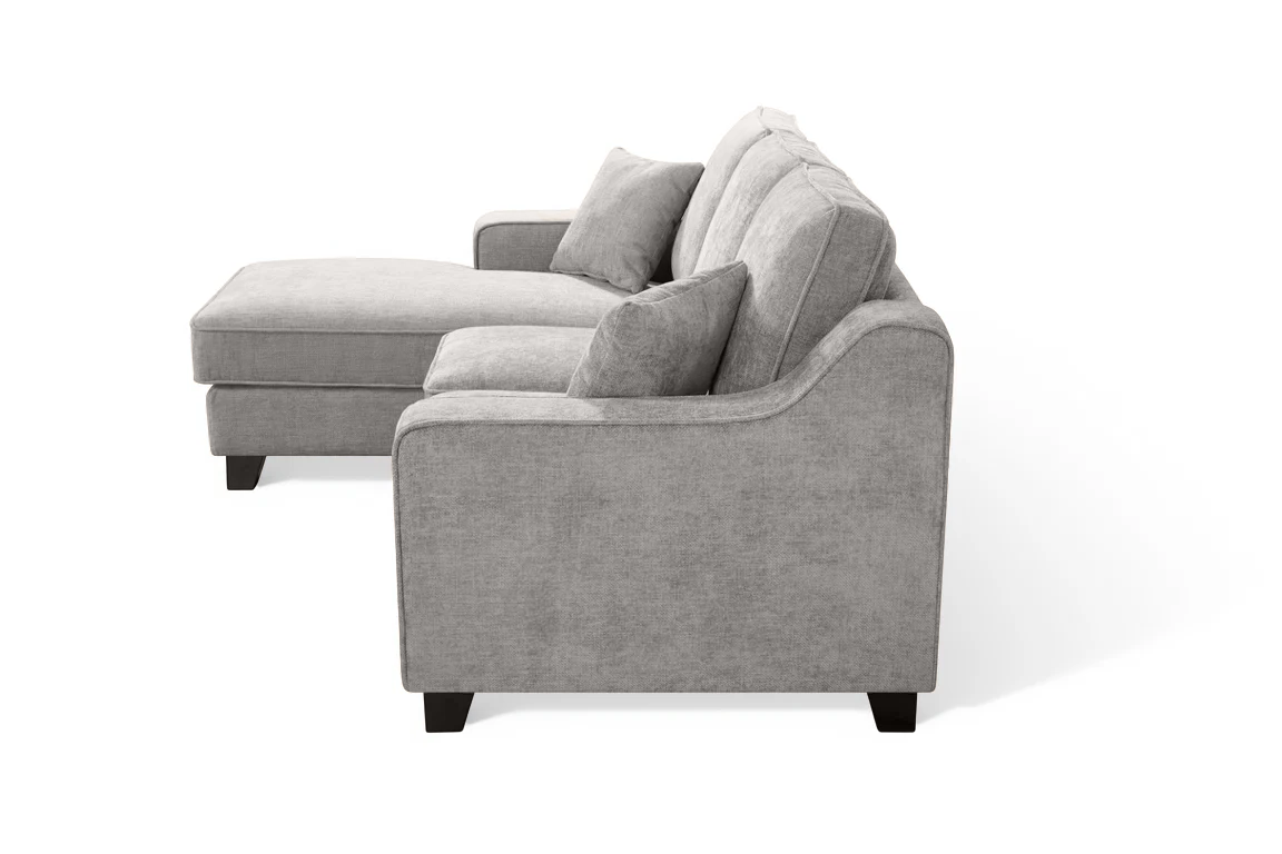 l-shaped corner sofa with left hand facing chaise section upholstered in grey chenille fabric in modern style