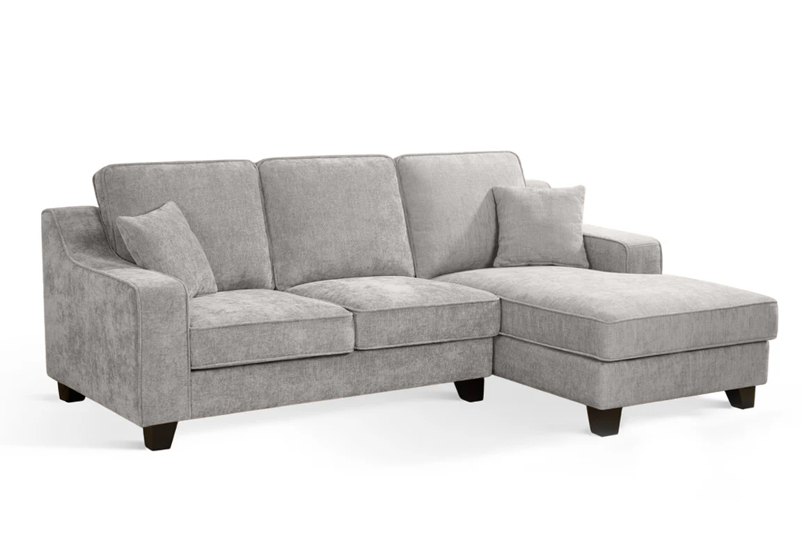 l-shaped corner sofa with right hand facing chaise section upholstered in grey chenille fabric in modern style