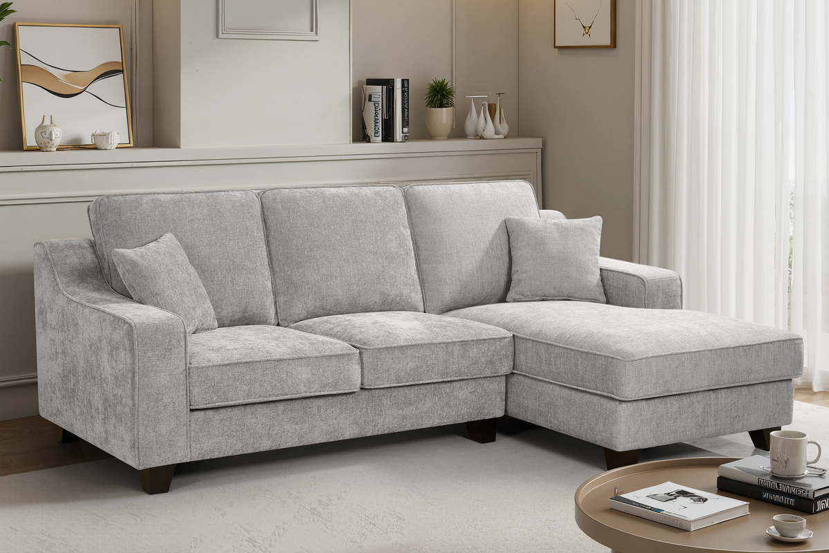 l-shaped corner sofa with right hand facing chaise section upholstered in grey chenille fabric in modern style
