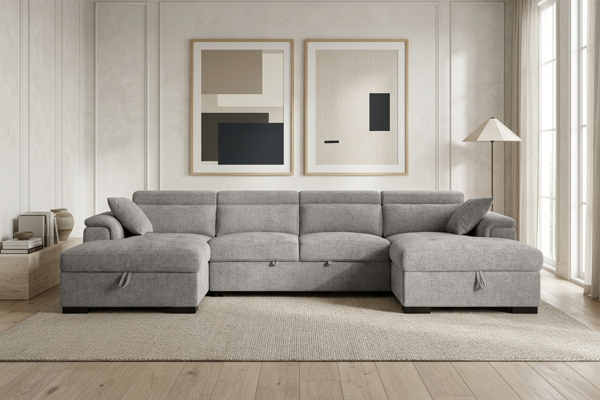 Grey Chenille 4 Seater U-Shaped Sofa Bed with Storage DANNY
