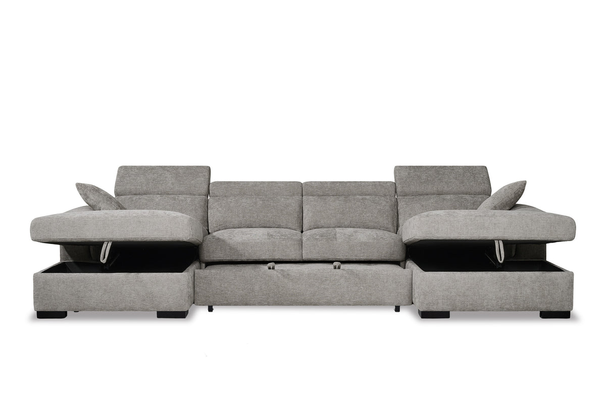 Grey Chenille 4 Seater U-Shaped Sofa Bed with Storage DANNY