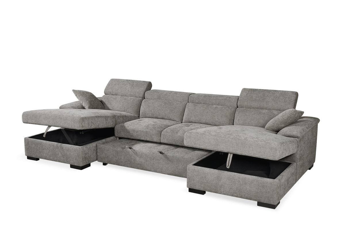 Grey Chenille 4 Seater U-Shaped Sofa Bed with Storage DANNY